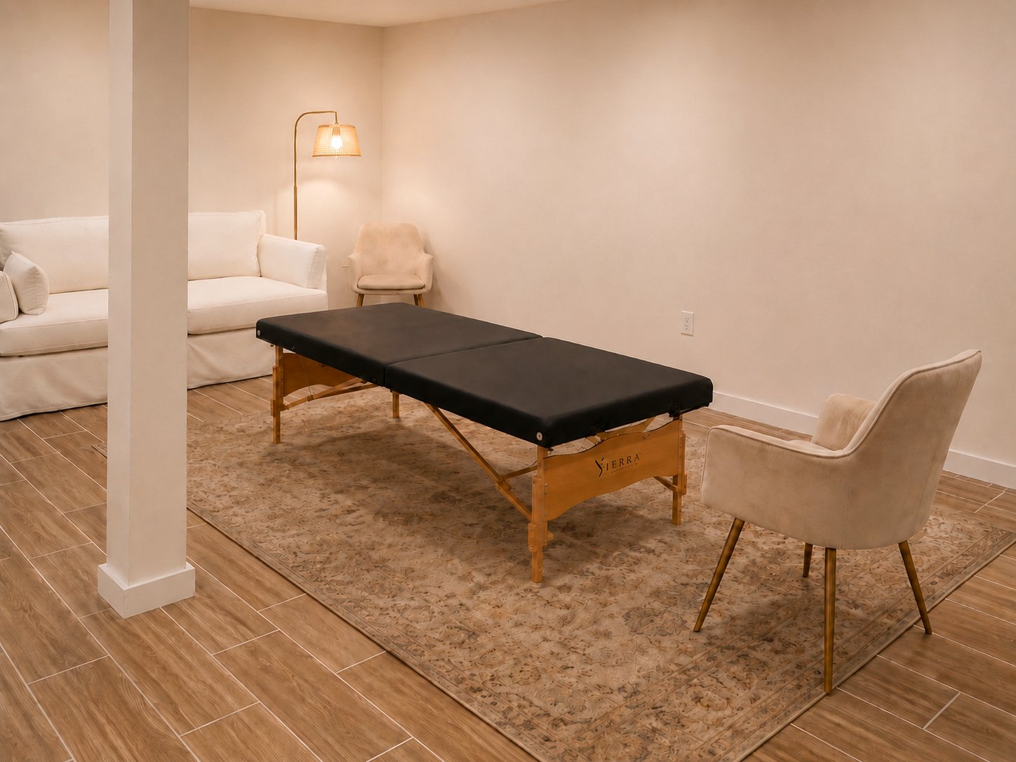 The NeuroMovement® session room at Rewire in Brooklyn, NYC — the padded table and calm, private space where sessions take place